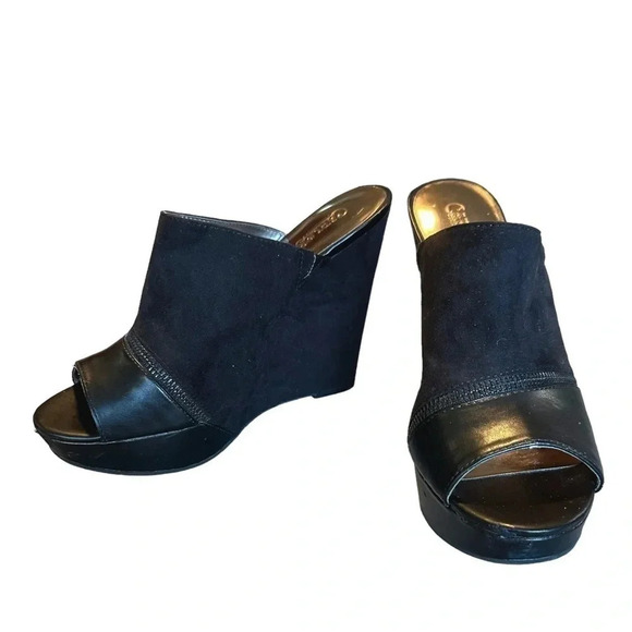 Carlos Santana Mercury black‎ leather + suede 5" slip on wedge shoes size 10M - Picture 1 of 9